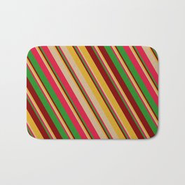 [ Thumbnail: Colorful Goldenrod, Tan, Crimson, Forest Green & Maroon Colored Striped/Lined Pattern Bath Mat ]