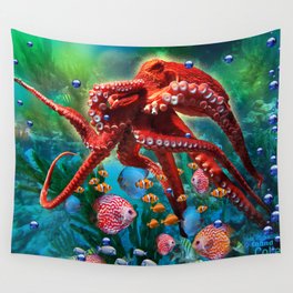 Red Octopus with Fish Wall Tapestry