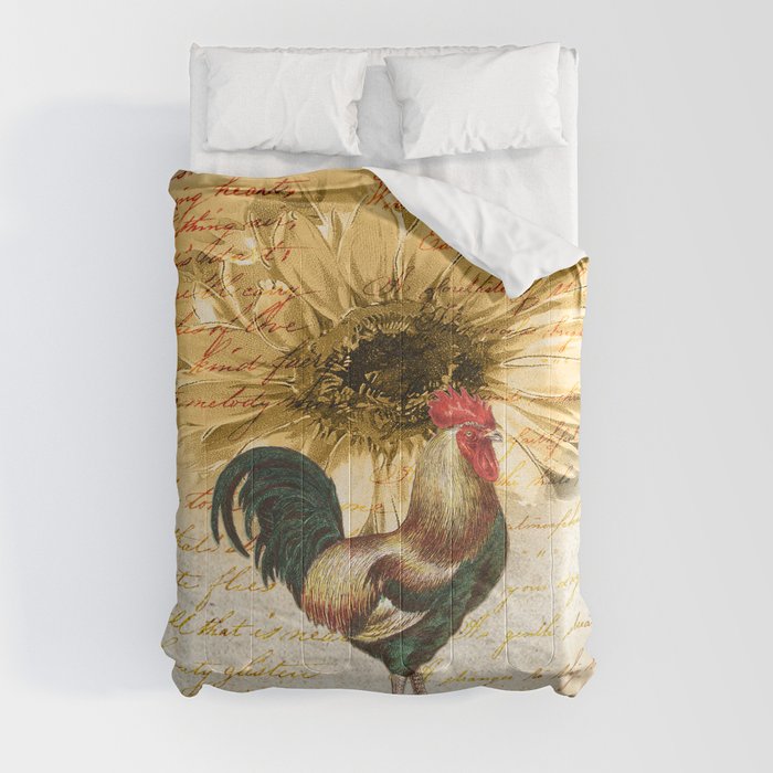 Rooster Sunflower Vintage Script Comforter
