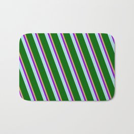 [ Thumbnail: Brown, Dark Khaki, Dark Violet, Powder Blue, and Dark Green Colored Lined/Striped Pattern Bath Mat ]
