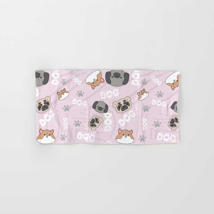Violet pattern with cute, funny happy dogs. Paws prints, text and pets background for children. Hand & Bath Towel