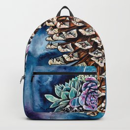 Pine cone and succulents, blue and green flowers, watercolor painting Backpack