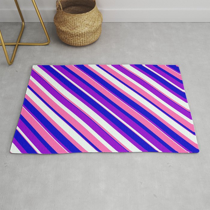 Dark Violet, Mint Cream, Hot Pink, and Blue Colored Stripes/Lines Pattern Rug