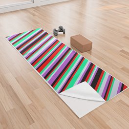 [ Thumbnail: Lavender, Green, Red, Black & Orchid Colored Lines/Stripes Pattern Yoga Towel ]