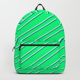 [ Thumbnail: Green, Light Cyan, and Teal Colored Striped/Lined Pattern Backpack ]