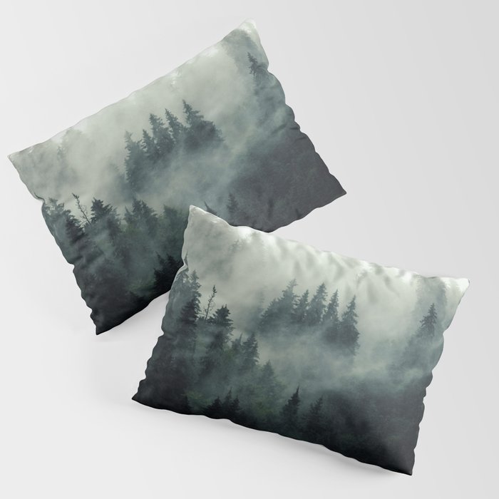 Green misty mountain pine forest in cloudy and rainy - vintage style photo Pillow Sham