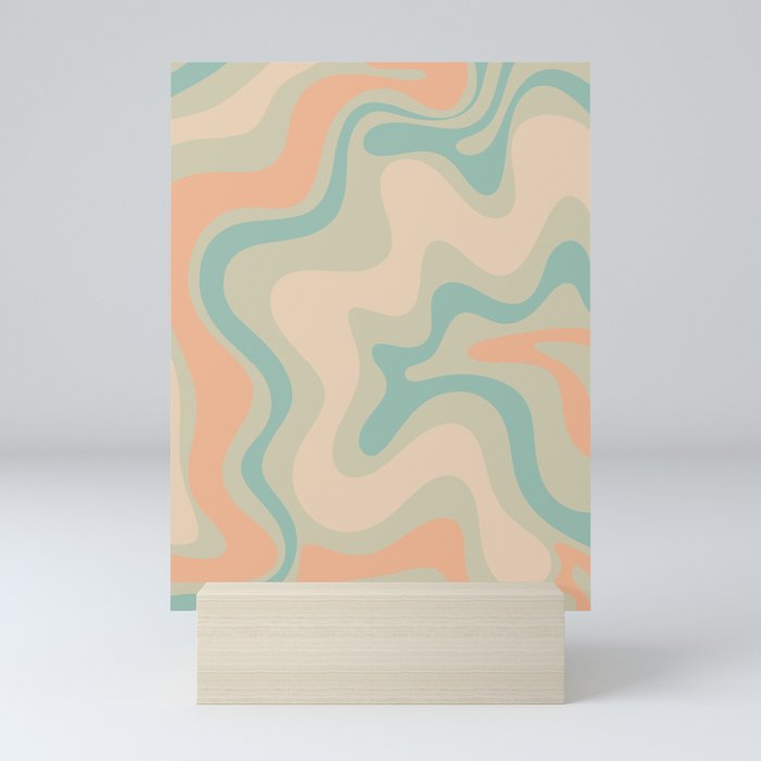Retro Liquid Swirl Abstract Pattern in Light Muted Teal and Apricot Buff Mini Art Print