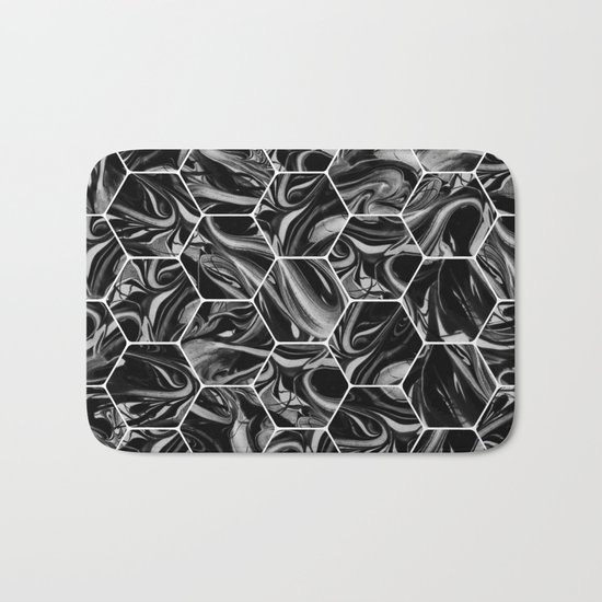 Hex & Swirl - Black and White Marble Pattern Bath Mat