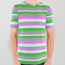 [ Thumbnail: Violet, Light Cyan, Lime Green, and Dark Grey Colored Lines/Stripes Pattern All Over Graphic Tee ]