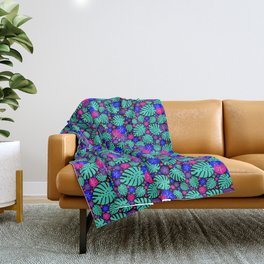 Monstera and Hibiscus Tropical Chintz - Aqua, Pink and Purple Throw Blanket