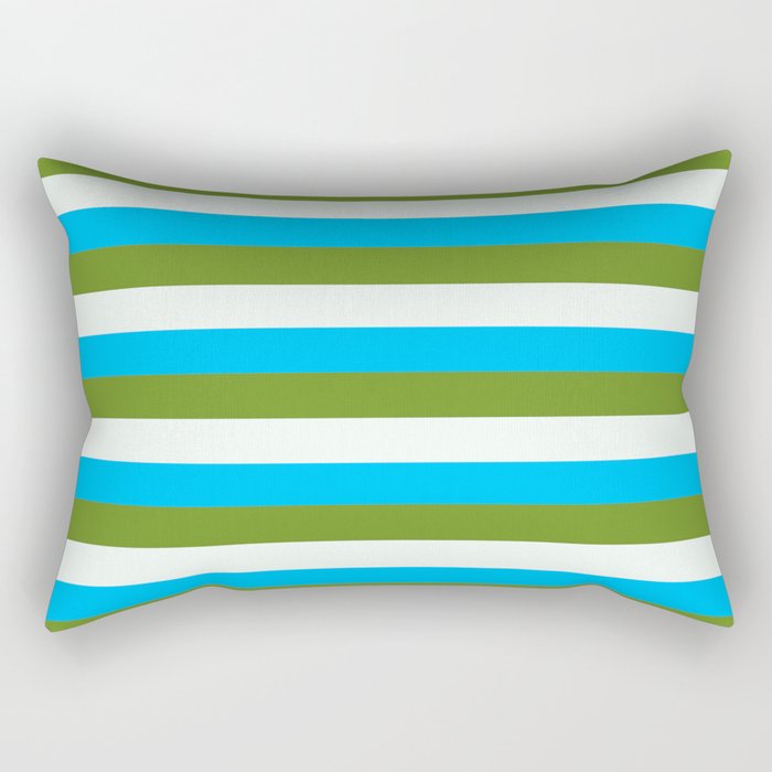 Deep Sky Blue, Green, and Mint Cream Colored Striped/Lined Pattern Rectangular Pillow
