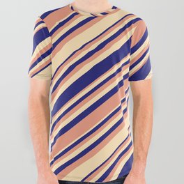 [ Thumbnail: Dark Salmon, Beige, and Midnight Blue Colored Pattern of Stripes All Over Graphic Tee ]