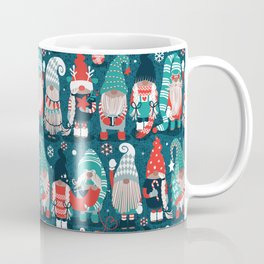 Let it gnome // dark teal background little Santa's helpers preparing for Christmas neon red mint dark green and duck egg blue dressed gnomes Coffee Mug