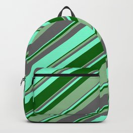 [ Thumbnail: Dim Gray, Aquamarine, Dark Green, and Dark Sea Green Colored Lines/Stripes Pattern Backpack ]