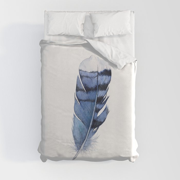 Blue Feather, Blue Jay Feather, Watercolor Feather, Art Watercolor Painting by Suisai Genki Duvet Cover