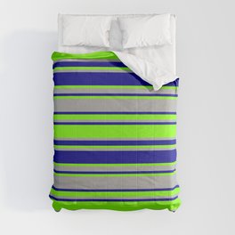 [ Thumbnail: Green, Dark Grey & Dark Blue Colored Lines/Stripes Pattern Comforter ]