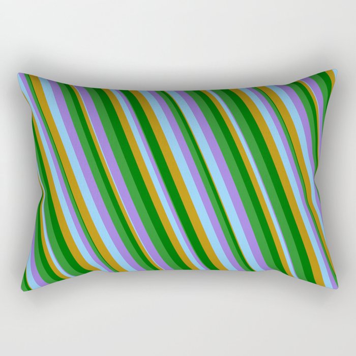 Vibrant Purple, Light Sky Blue, Dark Goldenrod, Dark Green, and Forest Green Colored Lines Pattern Rectangular Pillow