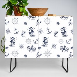 Navy Blue Silhouettes Of Vintage Nautical Pattern Credenza