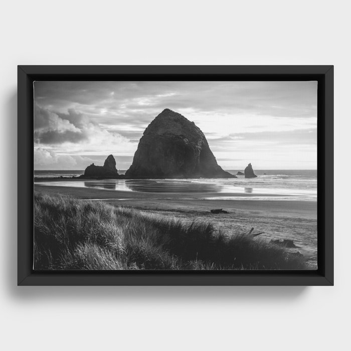 Cannon Beach Sunset - Black and White Nature Photography Framed Canvas