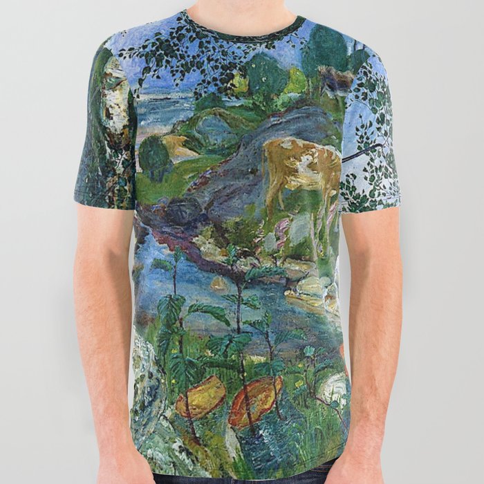 Wilderness Landscape, Wild Foxglove Flowers, White Birch, Stream & Cattle by Nikolai Astrup All Over Graphic Tee