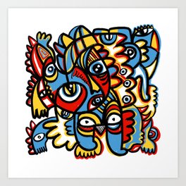 Red Blue Yellow Graffiti Art Tribal Magic Creatures by Emmanuel Signorino Art Print