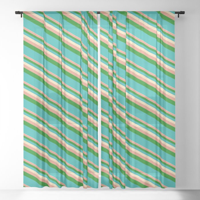 Beige, Dark Salmon, Green & Light Sea Green Colored Lines Pattern Sheer Curtain