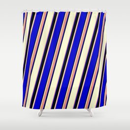 [ Thumbnail: Light Yellow, Dark Salmon, Blue, and Black Colored Striped/Lined Pattern Shower Curtain ]