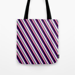 [ Thumbnail: Vibrant Indigo, Beige, Slate Gray, Hot Pink, and Black Colored Striped/Lined Pattern Tote Bag ]