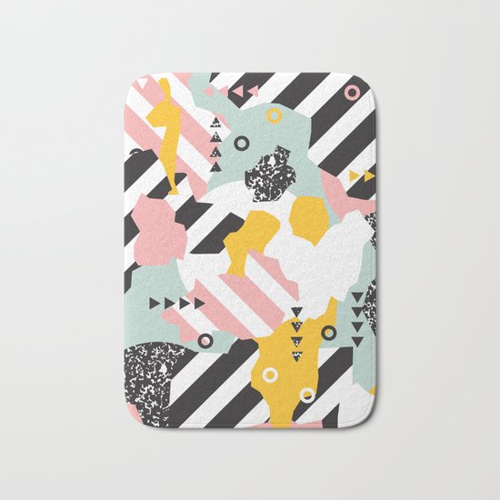 Spliced Geometric Memphis Pattern Geo Stripes Bath Mat