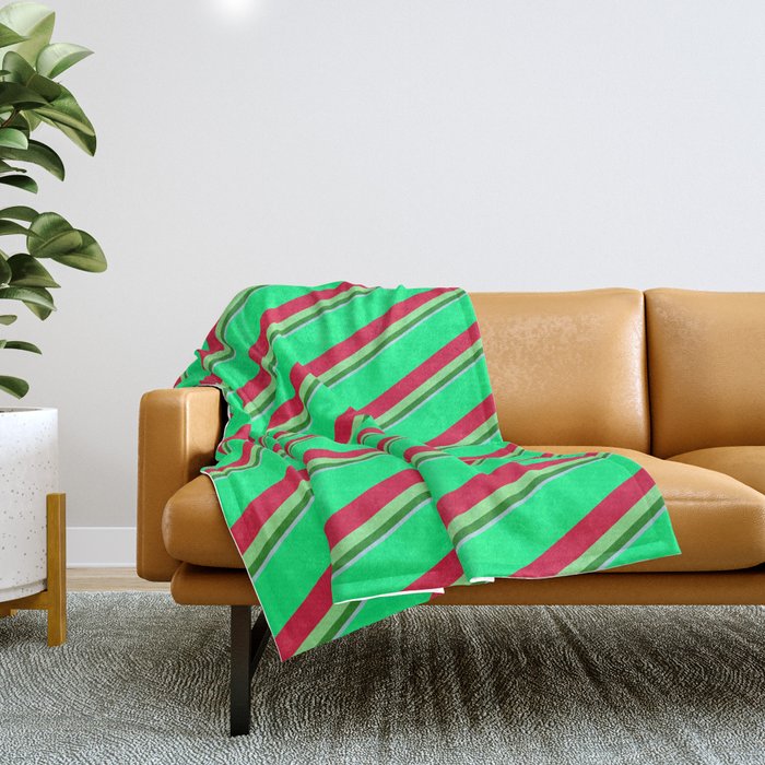 Vibrant Green, Crimson, Light Green, Forest Green & Light Blue Colored Striped/Lined Pattern Throw Blanket