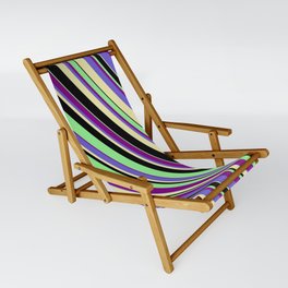 [ Thumbnail: Light Green, Purple, Slate Blue, Pale Goldenrod, and Black Colored Lines/Stripes Pattern Sling Chair ]