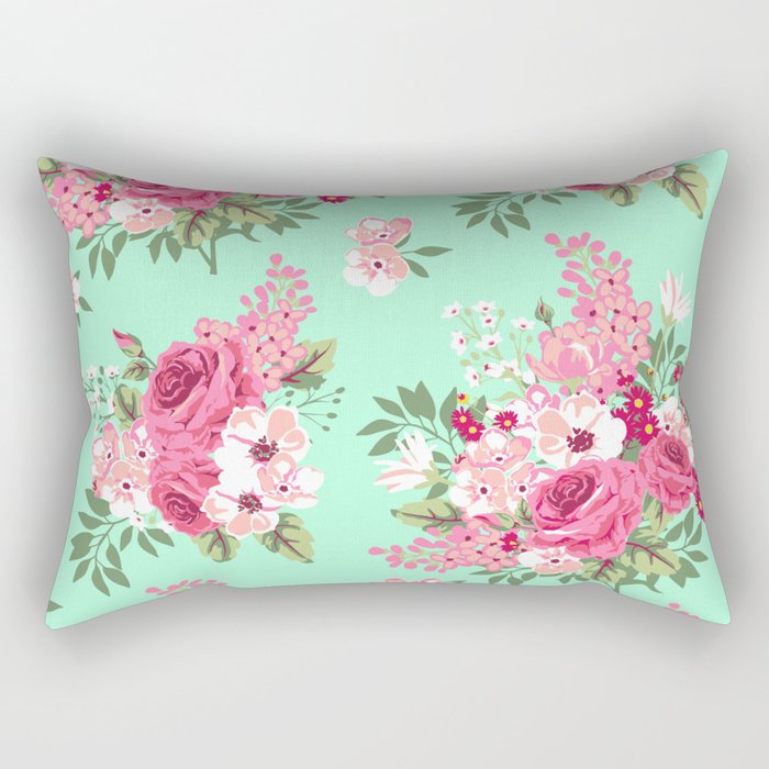 Cottage Chic Roses and Lilacs Floral in Aqua and Pink Rectangular Pillow