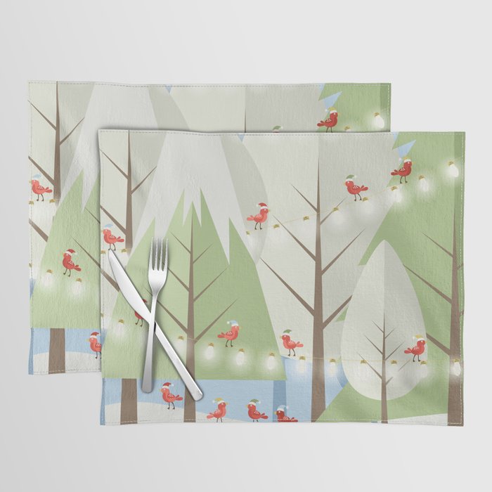 Holiday Winter Scene with Red Bird Santas and Glowing Lights in a Christmas Tree Forest Placemat