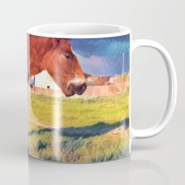 Colorful summer Brown horse foal pasture in the countryside at golden hour Mug