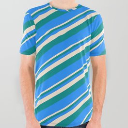 [ Thumbnail: Beige, Dark Cyan, and Blue Colored Lined Pattern All Over Graphic Tee ]