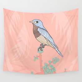 Bird in Tropical Forest - Pastel Coral Wall Tapestry