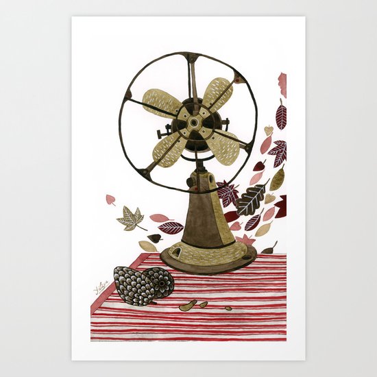 Still life with vintage fan and autumn leaves Art Print