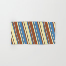 [ Thumbnail: Blue, Pale Goldenrod, and Sienna Colored Stripes/Lines Pattern Hand & Bath Towel ]