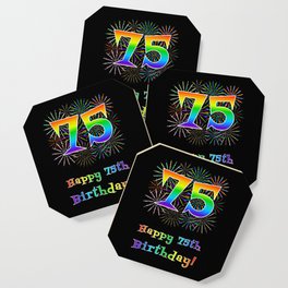 [ Thumbnail: 75th Birthday - Fun Rainbow Spectrum Gradient Pattern Text, Bursting Fireworks Inspired Background Coaster ]