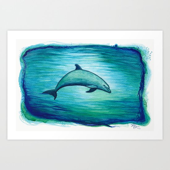 "Indigo Lagoon" by Amber Marine ~ Watercolor Dolphin Painting, (c) 2015 Art Print
