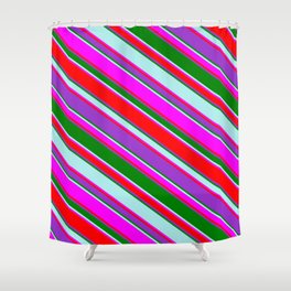 [ Thumbnail: Eyecatching Fuchsia, Red, Dark Orchid, Green & Turquoise Colored Lined Pattern Shower Curtain ]