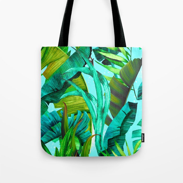 Exotic tropical green foliage forest, leaves and flowers tropical pattern, botanical illustration, green plants illustration   Tote Bag