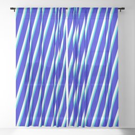 [ Thumbnail: Dark Turquoise, Blue & Mint Cream Colored Striped Pattern Sheer Curtain ]