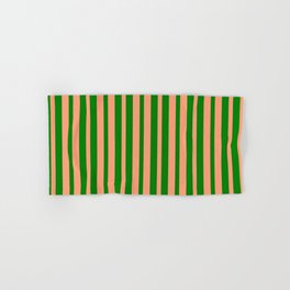 [ Thumbnail: Light Salmon and Green Colored Lined Pattern Hand & Bath Towel ]