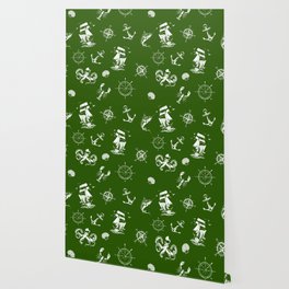 Green And White Silhouettes Of Vintage Nautical Pattern Wallpaper