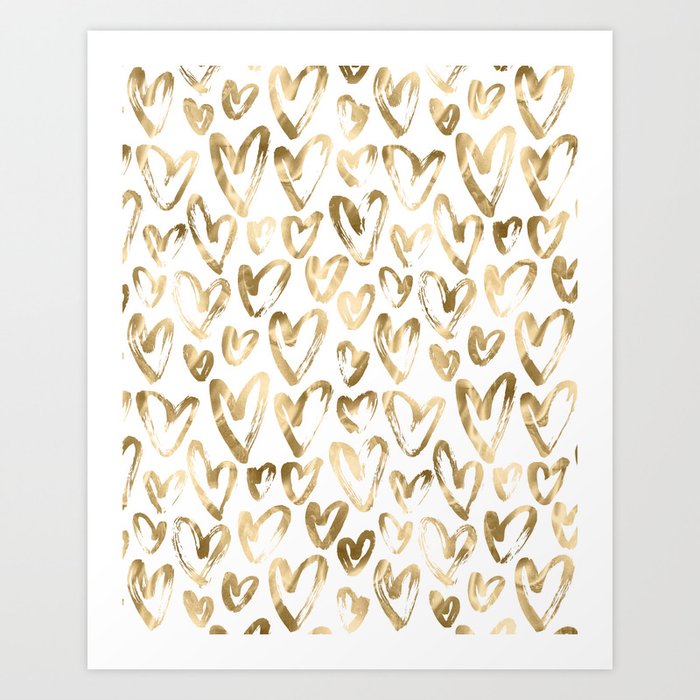 Gold Love Hearts Pattern on White Art Print