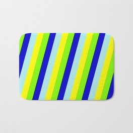 [ Thumbnail: Chartreuse, Blue, Turquoise & Yellow Colored Striped Pattern Bath Mat ]