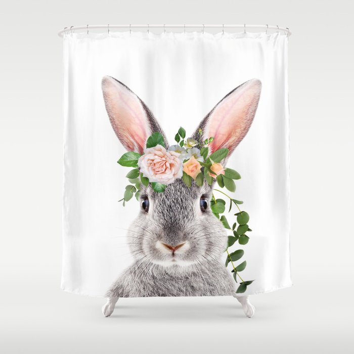 Baby Rabbit, Grey Bunny with Flower Crown, Baby Animals Art Print by Synplus Shower Curtain