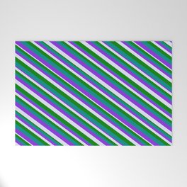 [ Thumbnail: Purple, Lavender, Green, and Dark Cyan Colored Striped/Lined Pattern Welcome Mat ]