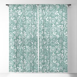 Green Blue And White Eastern Floral Pattern Sheer Curtain